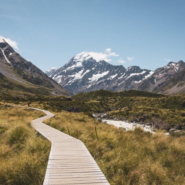 brown wooden pathway surrounded by brown field towards mountain
